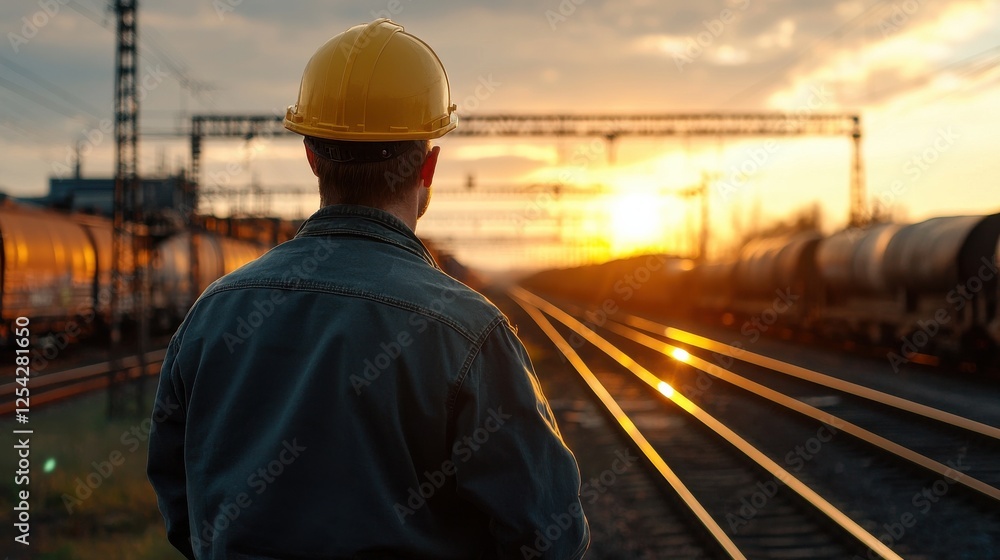 A man in a yellow helmet stands on a train track A man in a yellow helmet stands on a train track
