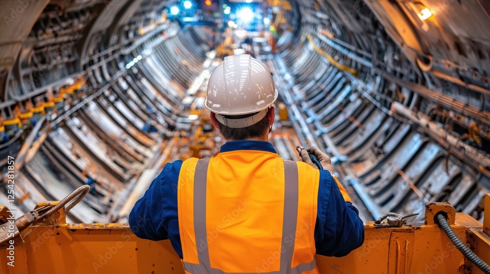 A man in a yellow vest and a hard hat is standing in a tunnel A man in a yellow vest and a hard hat is standing in a tunnel