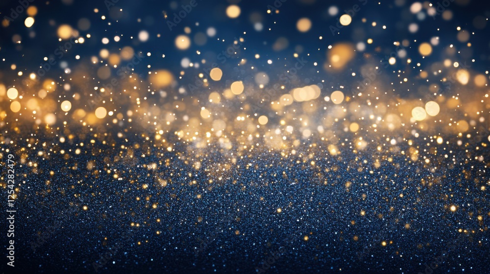 Fototapeta premium Shimmering Gold and Blue Bokeh Effect with Bright Spots on Dark Background for Elegant Celebrations and Events