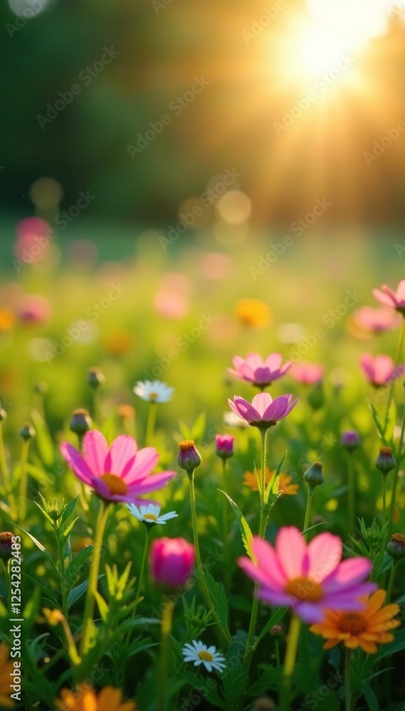 Fototapeta premium Sunlight filtering through petals of wildflowers in a lush meadow, flowers, field, sun