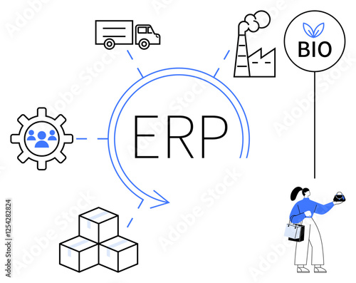 Central ERP with truck, factory, bio label, gears, boxes, and person holding globe. Ideal for business processes, supply chain, logistics coordination manufacturing eco-friendly initiatives