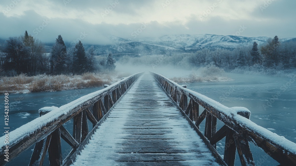 Naklejka premium Snow-Covered Wooden Bridge Extending into Misty Mountains Under Cloudy Sky in Winter Landscape