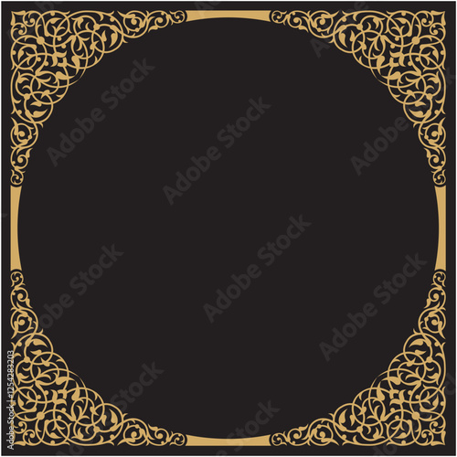 Vector illustration for an ornamental design pattern on a square and round frame in the middle, gold design and black background, suitable for calligraphy, use with text placement in the centre