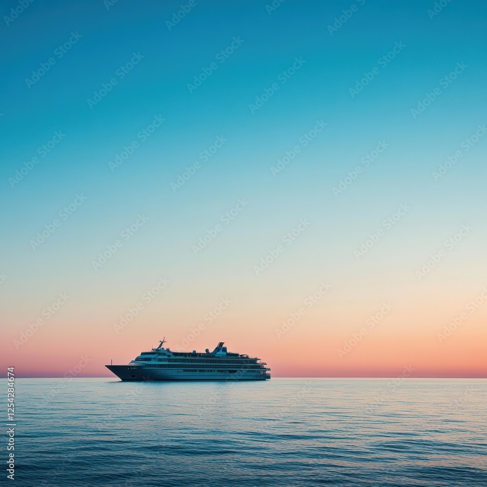 Serene sunset over calm waters with a cruise ship anchored in the horizon. Generative AI Serene sunset over calm waters with a cruise ship anchored in the horizon. Generative AI