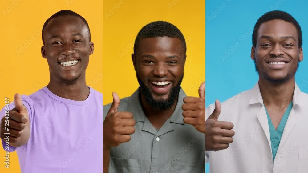 A collage showcasing three men from different backgrounds each smiling and giving a thumbs up. The vibrant backgrounds in yellow and blue enhance the atmosphere of positivity and diversity. A collage showcasing three men from different backgrounds each smiling and giving a thumbs up. The vibrant backgrounds in yellow and blue enhance the atmosphere of positivity and diversity.