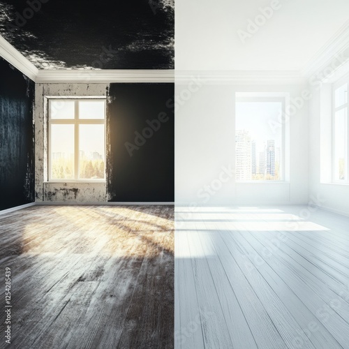 Contrast between old dark interiors and bright modern renovated design showcases the beauty of transformation in room design. Generative AI photo