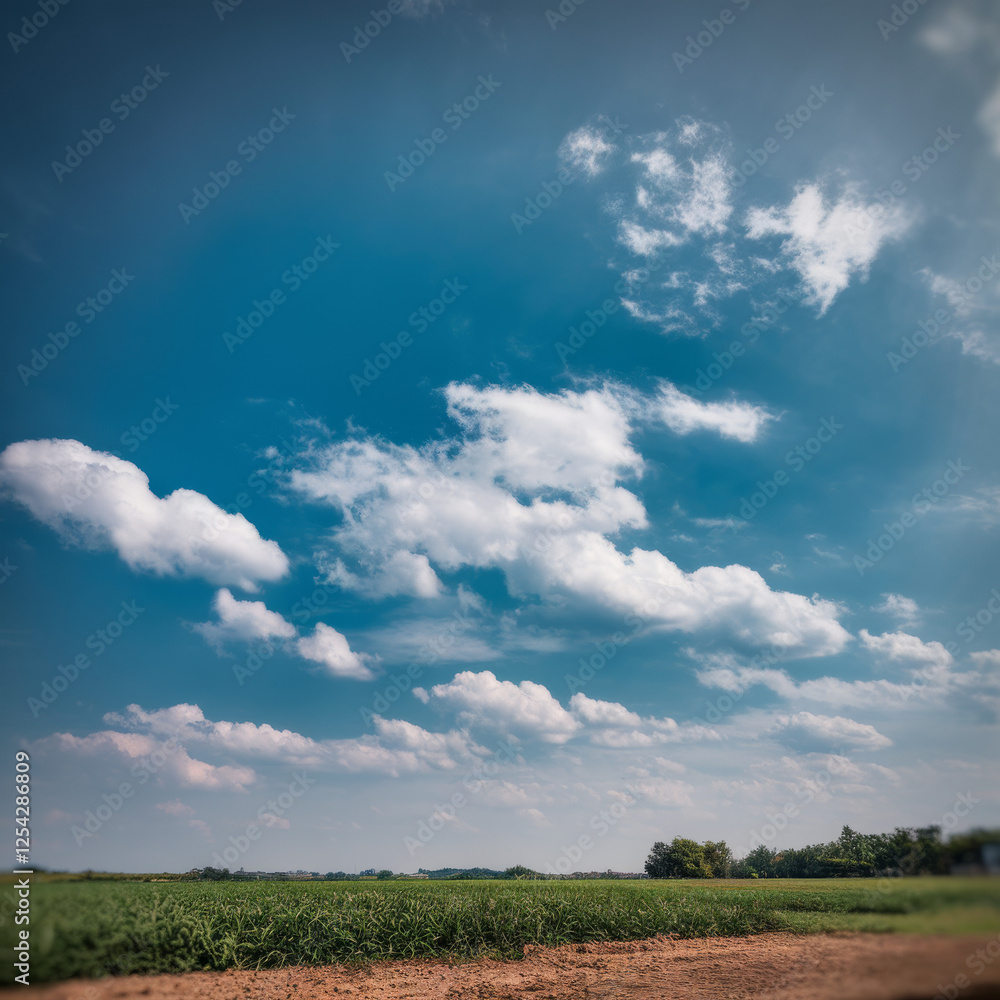 Rural landscape with green fields and a bright blue sky Rural landscape with green fields and a bright blue sky