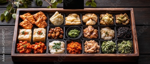 Tray of food on wooden table with bolivian saltenas and savory pastries in a colorful arrangement photo