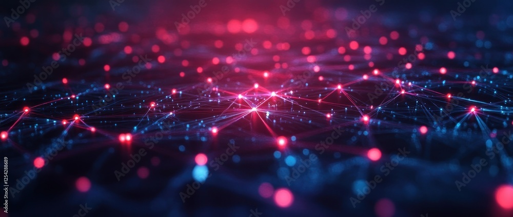 Obraz premium Abstract Network Connection: Digital Nodes and Lines Intertwined in a Symphony of Red and Blue