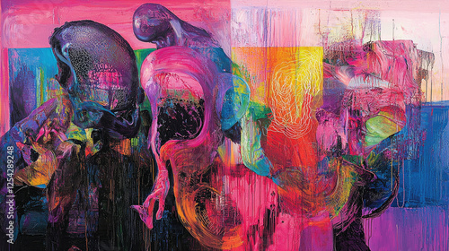 Abstract colorful painting depicting fluid forms and vibrant colors with layered textures