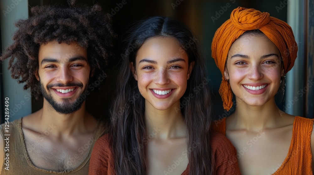 Fototapeta premium Multiracial individuals smiling warmly, radiating joy and connection in a vibrant, clean composition