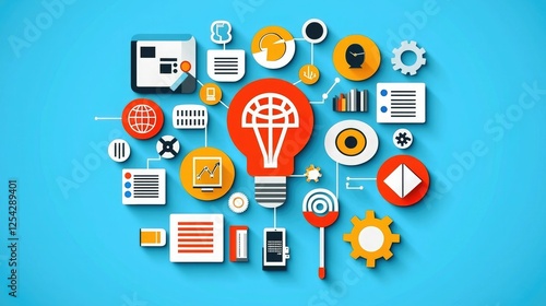 Wallpaper Mural A colorful collage of icons and symbols related to technology, innovation, and data, centered around a light bulb design. Torontodigital.ca