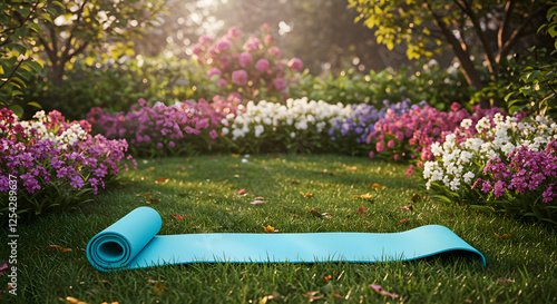 Yoga mat on green grass in serene garden setting with flowers