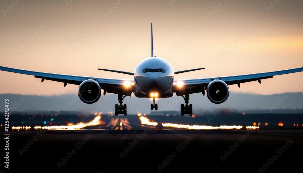 Fototapeta premium A commercial airplane approaches for landing, illuminated by runway lights against a twilight sky, showcasing the excitement of air travel.
