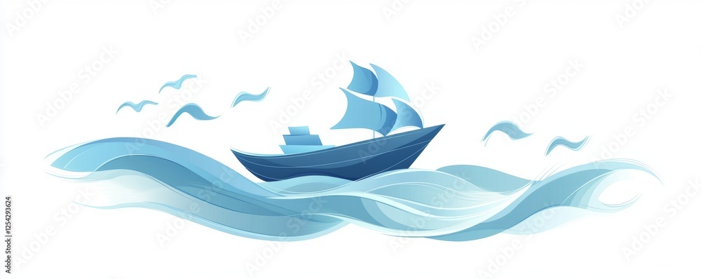 Fototapeta premium Sailing ship on stylized waves, birds flying, white background, website banner