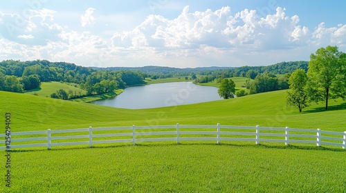 Serene lake view, rolling hills, green pasture, summer day, idyllic landscape, perfect for real estate