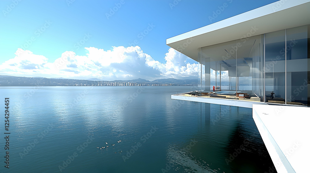 Fototapeta premium Modern glass house overlooking ocean city skyline; architectural design visualization