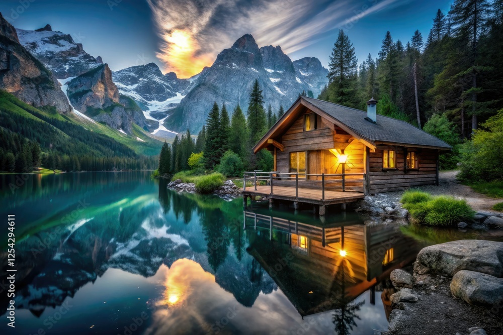 Fototapeta premium Escape to serene alpine lake cabin. Majestic mountains, crystal waters, stunning night photography awaits.