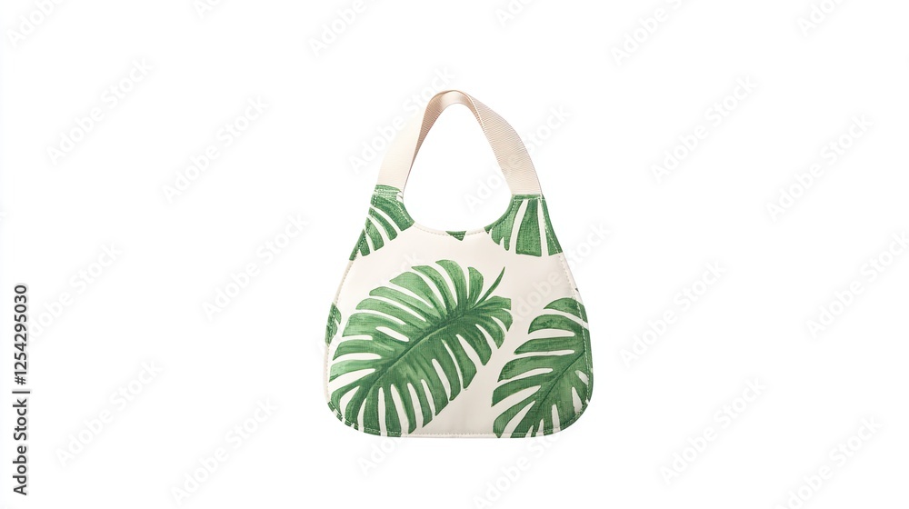Stylish bag with tropical leaf design, showcasing modern fashion trends against a minimalistic backdrop Stylish bag with tropical leaf design, showcasing modern fashion trends against a minimalistic backdrop