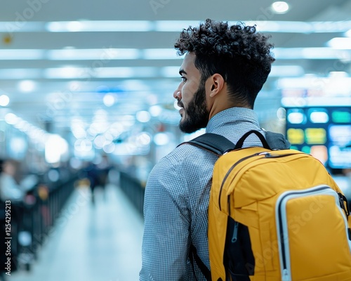 A traveler with a yellow backpack stands in an airport terminal, looking ahead amidst a bustling environment filled with travelers and bright screens. photo