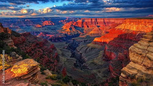Majestic sunset over the Grand Canyon with vibrant colors illuminating the rock formations