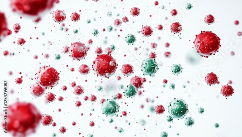Red and green viruses floating, white background, medical research
