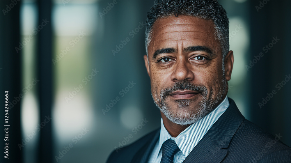 Fototapeta premium Confident African American Male Entrepreneur in a Stylish Suit Looking Professional and Successful in a Modern Business Environment with a Strong and Determined Expression