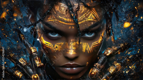 Futuristic portrait of a woman with glowing tribal patterns and cybernetic enhancements