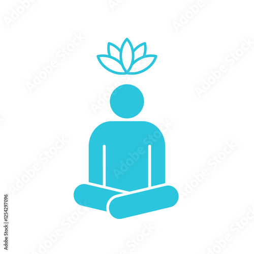 Calm Spirit icon, Meditating Figure with Lotus Isolated on white. Blue icon set. photo