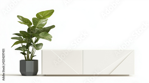 white  sideboard featuring closed cabinets , minimalist design. Ideal for modern living spaces, combining functionality with contemporary style. Isolated on white background , plants in pot ,table