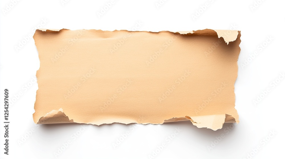 Torn beige paper sheet with rough edges on a white background, ideal for creative designs Torn beige paper sheet with rough edges on a white background, ideal for creative designs