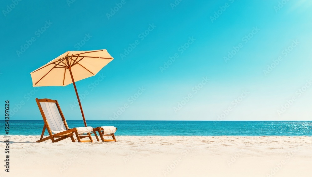Tropical Beach Paradise: Relaxing on White Sand Under a Sunny Umbrella Tropical Beach Paradise: Relaxing on White Sand Under a Sunny Umbrella