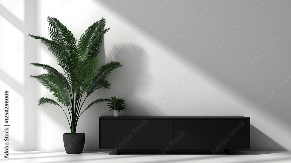 black sideboard featuring closed cabinets , minimalist design. Ideal for modern living spaces, combining functionality with contemporary style. Isolated on white background , plants in pot , table black sideboard featuring closed cabinets , minimalist design. Ideal for modern living spaces, combining functionality with contemporary style. Isolated on white background , plants in pot , table