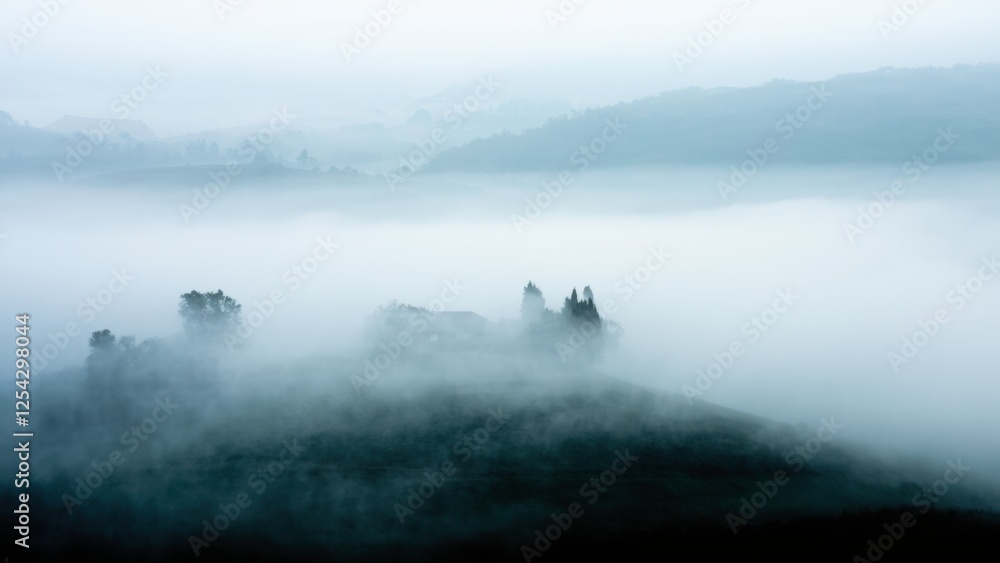 Mystical Countryside Village in Rolling Hills – Dreamy Foggy Landscape Mystical Countryside Village in Rolling Hills – Dreamy Foggy Landscape