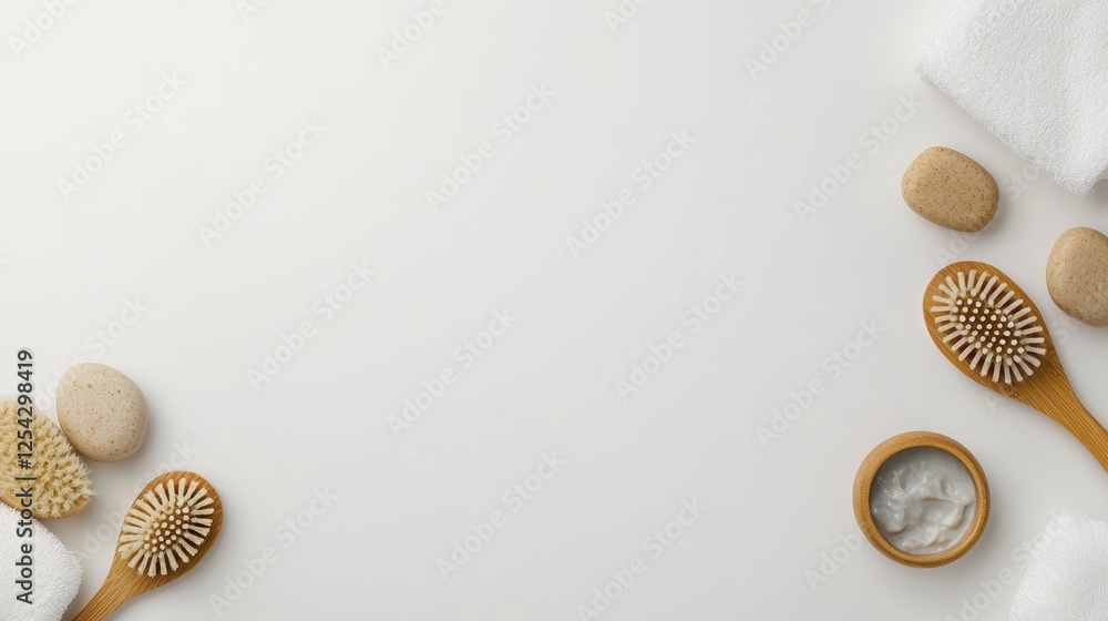 Fototapeta premium Natural Wooden Bathroom Accessories with Soft Towels and Stones for Relaxation and Self-Care Rituals,3D rendering