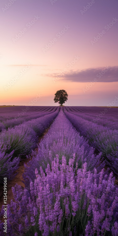 Fototapeta premium Stunning lavender field at sunset with a lone tree
