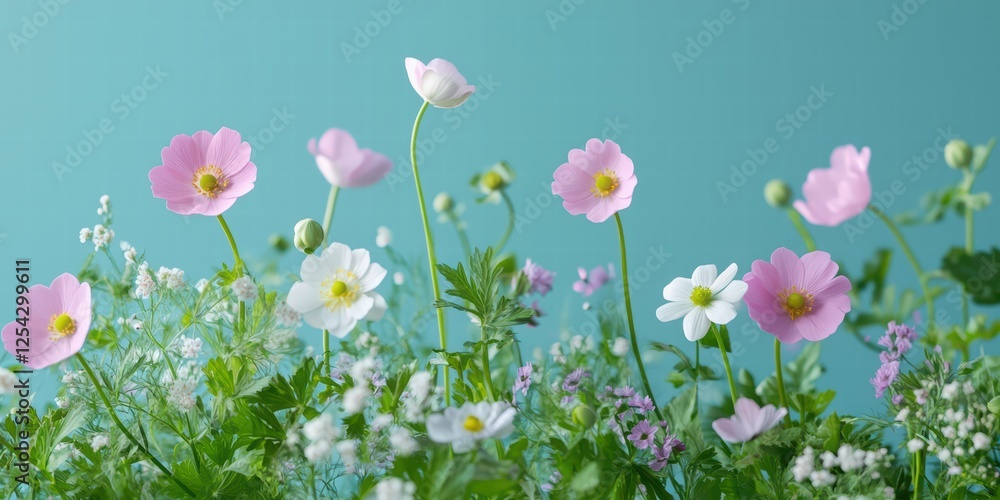Obraz premium Colorful Spring Flowers Blooming Against a Teal Background