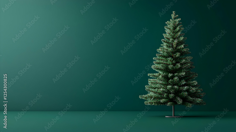 Green Christmas Tree with Lights Against Dark Green Background Green Christmas Tree with Lights Against Dark Green Background