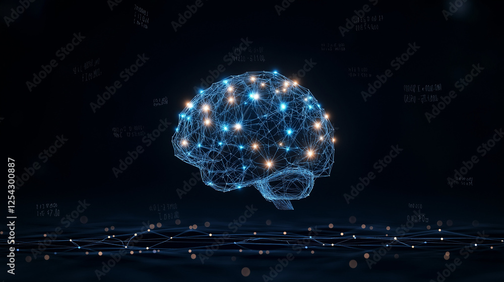 Neural Network Brain: An abstract representation of a brain, visualized as a network of glowing nodes and connections, set against a dark background, symbolizing artificial intelligence. Neural Network Brain: An abstract representation of a brain, visualized as a network of glowing nodes and connections, set against a dark background, symbolizing artificial intelligence.