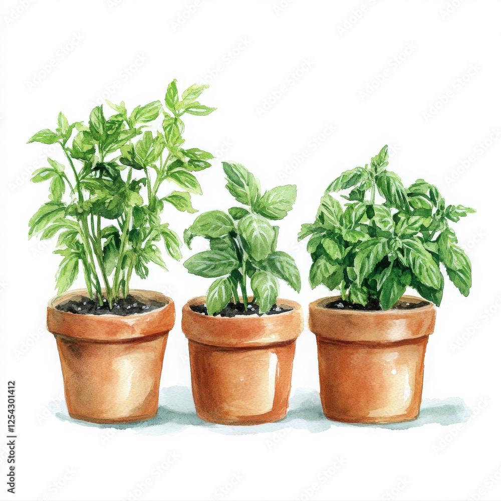 Fresh basil in pots makes happy arrangement, full of vibrant greenery Fresh basil in pots makes happy arrangement, full of vibrant greenery