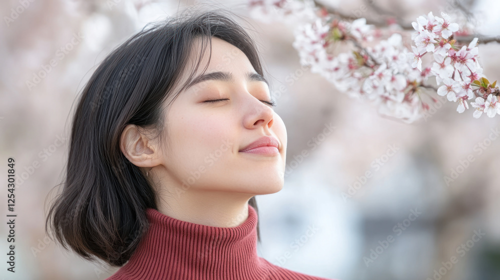 French woman in red ribbed necks closed eyes enjoy fresh air in park with cherry blossom