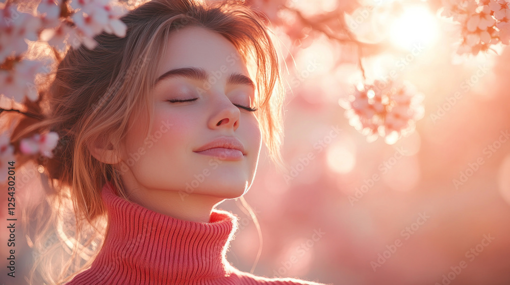 Fototapeta premium Australian woman in red ribbed necks closed eyes enjoy fresh air in park with cherry blossom