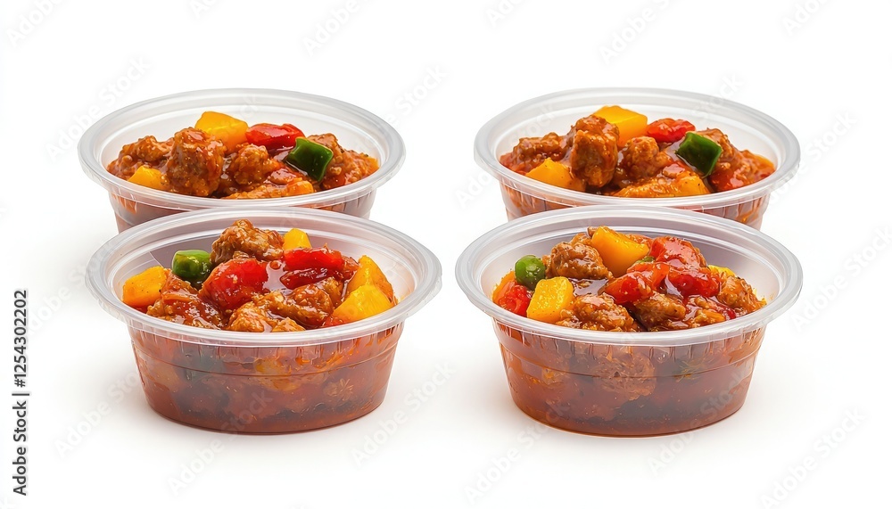 Four transparent containers filled with a colorful dish featuring meat, vegetables, and fruits, arranged neatly against a white background. Four transparent containers filled with a colorful dish featuring meat, vegetables, and fruits, arranged neatly against a white background.