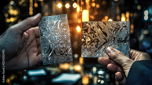 Two hands holding artistic metal panels showcasing intricate designs in a dimly lit bar