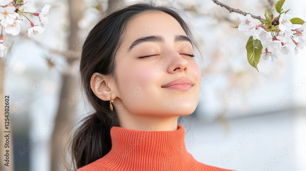 Arabian woman in red ribbed necks closed eyes enjoy fresh air in park with cherry blossom Arabian woman in red ribbed necks closed eyes enjoy fresh air in park with cherry blossom
