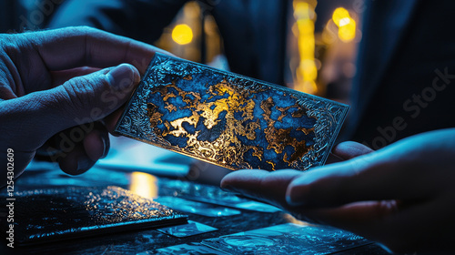 A close-up of hands exchanging an ornate card with intricate designs in a dimly lit setting