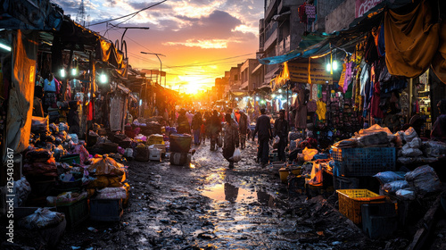 Vibrant sunset over a bustling market with vendors and shoppers navigating through stalls