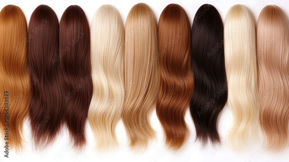 Fototapeta premium Various Natural Hair Colors in Wigs Displayed on a White Background for Beauty and Fashion Needs,3D rendering