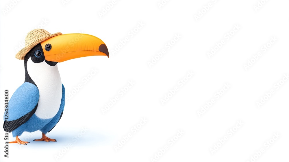 Naklejka premium Cartoon toucan wearing a straw hat, standing on a white background, cheerful expression
