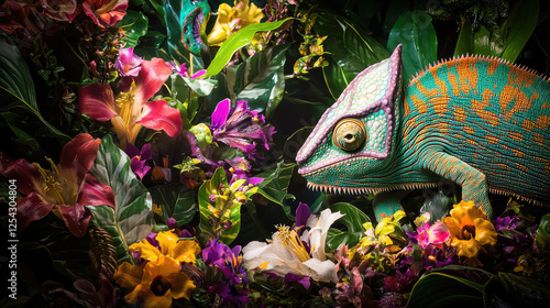 Colorful chameleon camouflaged among vibrant tropical flowers in a lush garden setting